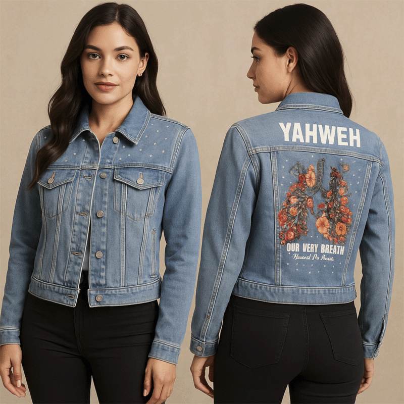Front and back views of a model wearing the light-blue YAHWEH Christian denim jacket