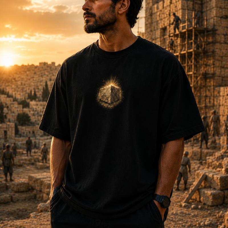 Nehemiah 2:18 Christian Oversized T-Shirt | Front View Front view of the black Nehemiah 2:18 oversized T-shirt with a small golden-tone chest graphic