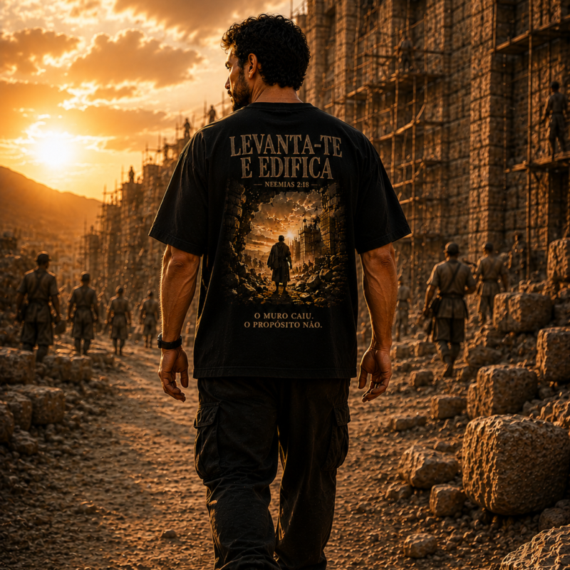 Back view of a model wearing the black Christian oversized T-shirt with Levanta-te e Edifica artwork