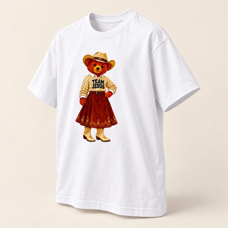 White Team Jesus Cowgirl Bear T-Shirt, front view