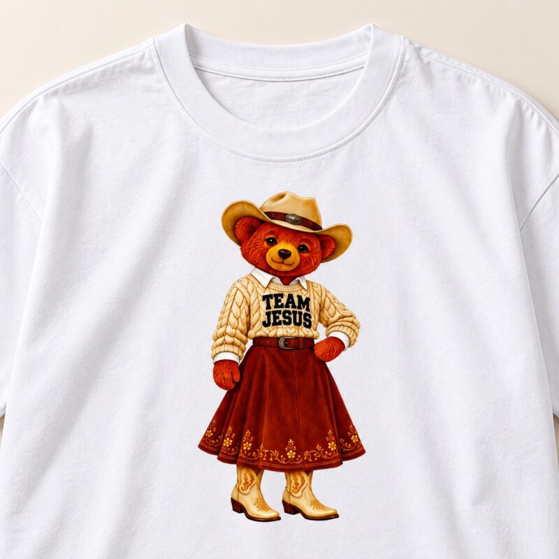 Team Jesus White Team Jesus Cowgirl Bear T-Shirt, front graphic detail
