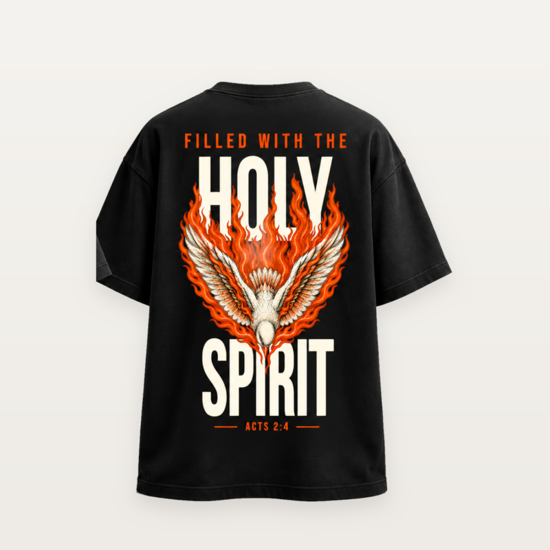 Holy Spirit oversized T-shirt in black, back with Filled with the Holy Spirit artwork and Acts 2:4