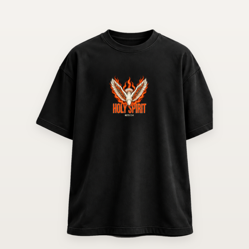 Holy Spirit oversized T-shirt in black, front with dove in flames chest design