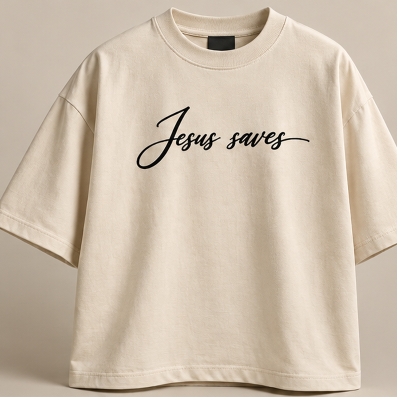 Jesus Saves oversized T-shirt in cream, front with Jesus Saves script