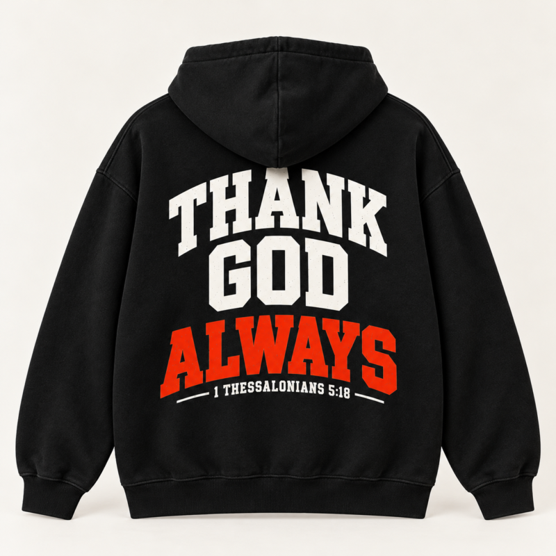Black Thank God Always hoodie, back view with 1 Thessalonians 5:18
