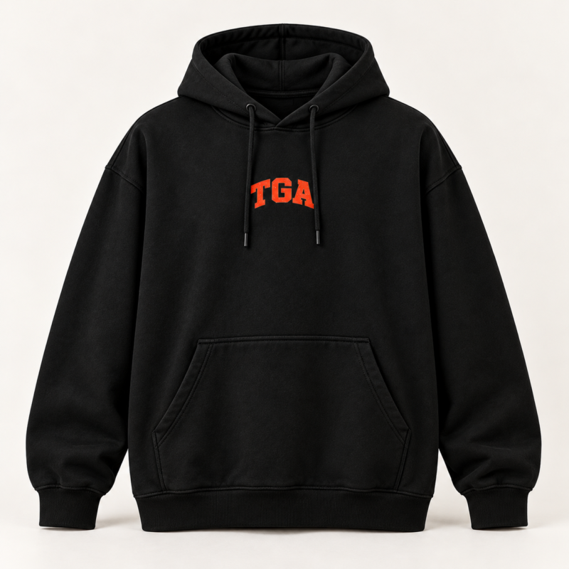 Black TGA hoodie, front view with kangaroo pocket