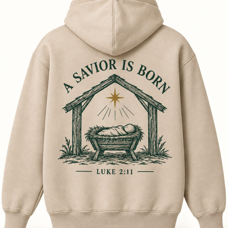 A Savior Is Born Christmas Hoodie in cream, back view