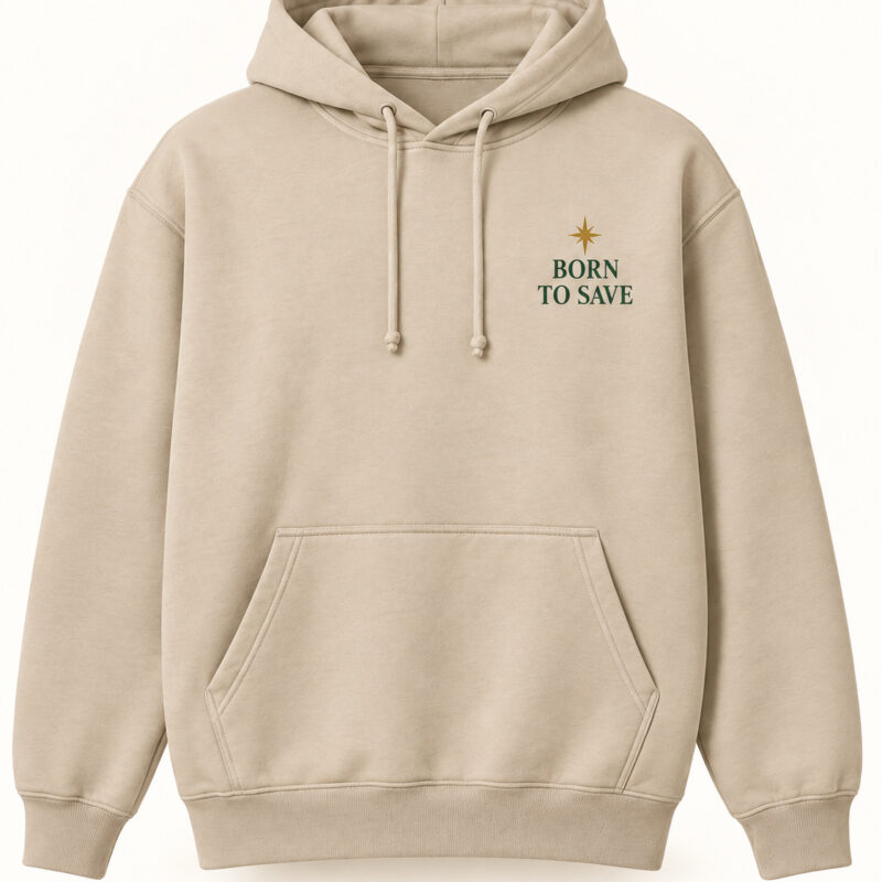 A Savior Is Born Christmas Hoodie in cream, front view