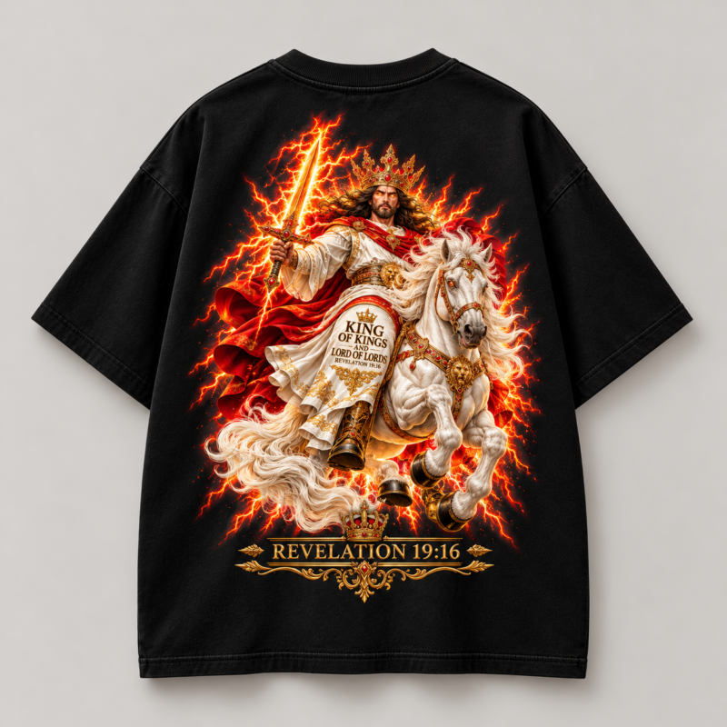 Are You Ready oversized T-shirt in black, back with King of Kings artwork inspired by Revelation 19:16