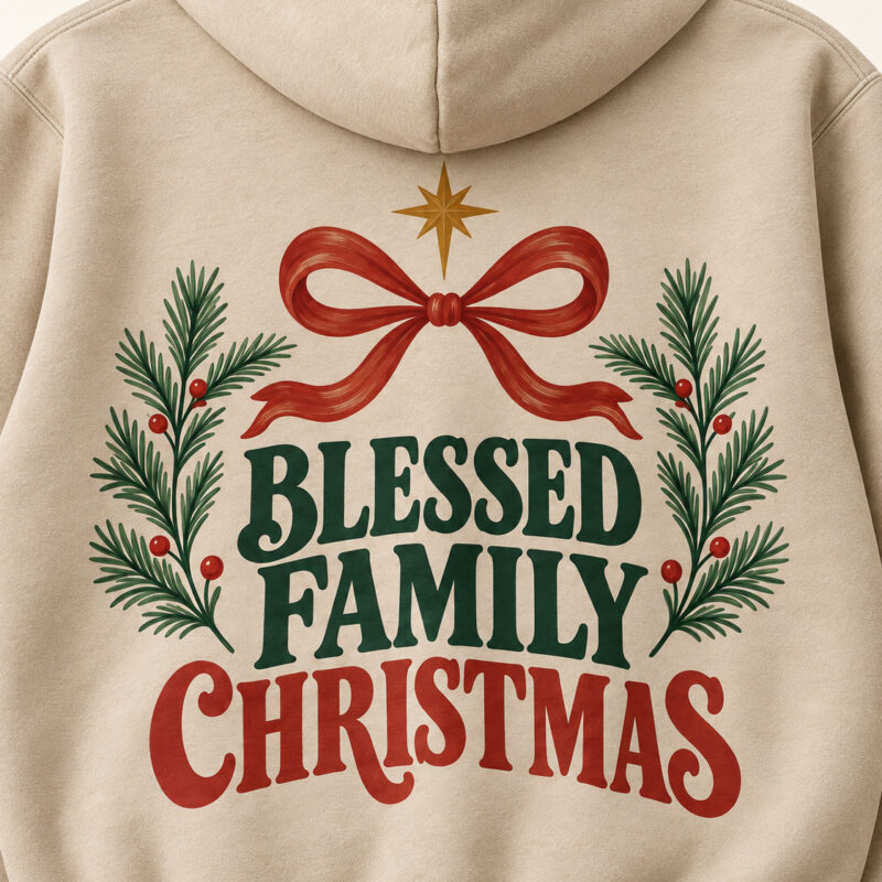 Blessed Family Christmas hoodie in cream, back print detail