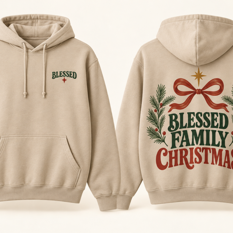 Blessed Family Christmas hoodie in cream, front and back