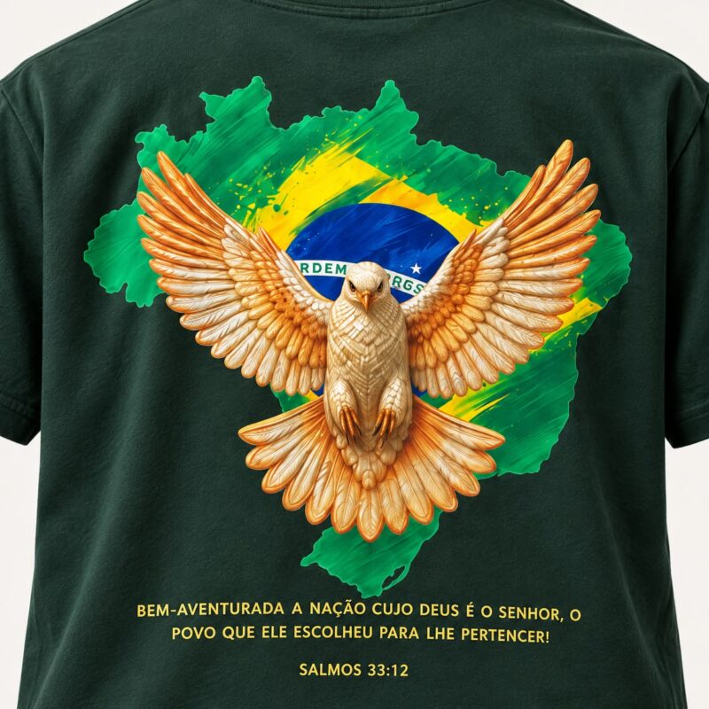 green Brasil Christian T-shirt, back detail with eagle artwork