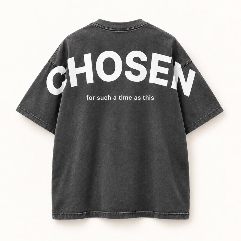 chosen-oversized-shadow-white-print-back Back view of the Chosen oversized Shadow T-shirt with white lettering extending onto both sleeves