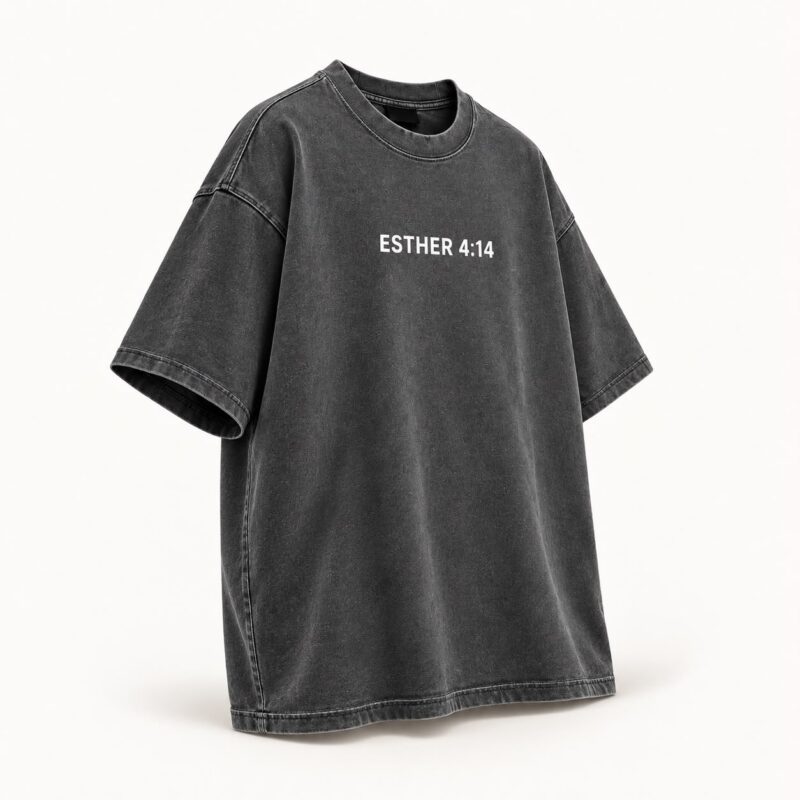 Angled front view of the Chosen oversized Shadow T-shirt with white Esther 4:14 lettering