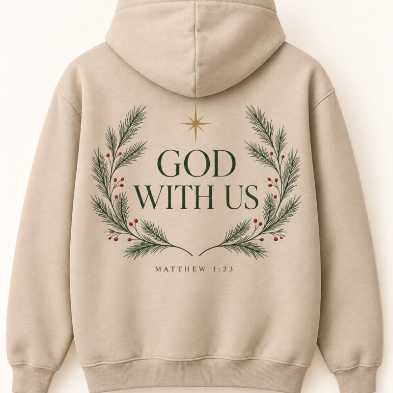 Emmanuel God With Us Christmas Hoodie in cream, back view