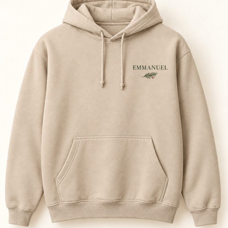 Emmanuel God With Us Christmas Hoodie in cream, front view