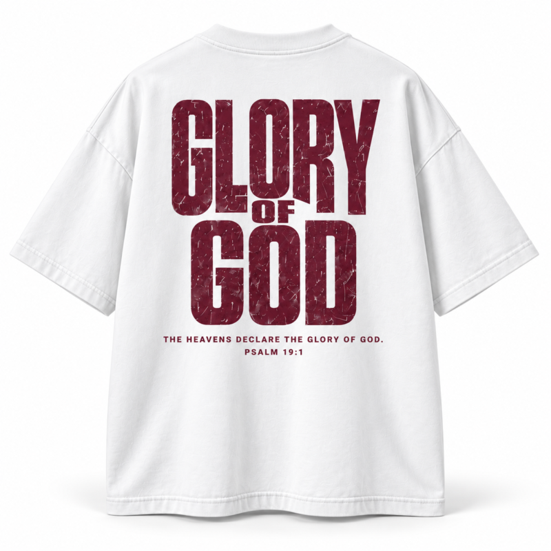 Glory of God oversized T-shirt in white, back with Psalm 19:1 artwork