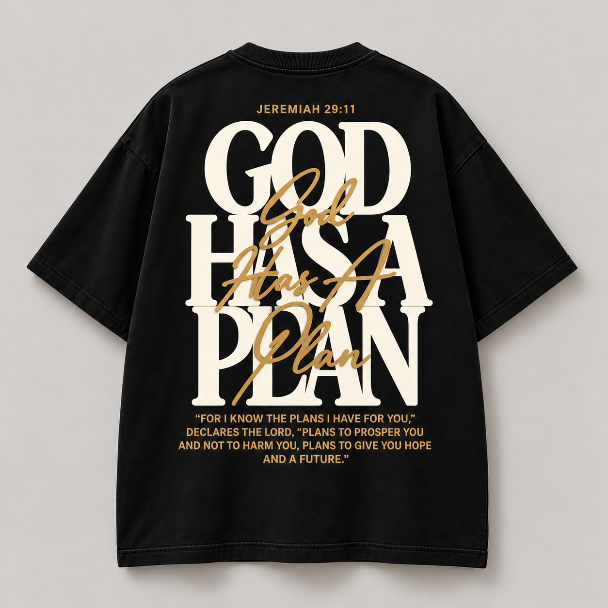 God Has a Plan oversized T-shirt in black, back view