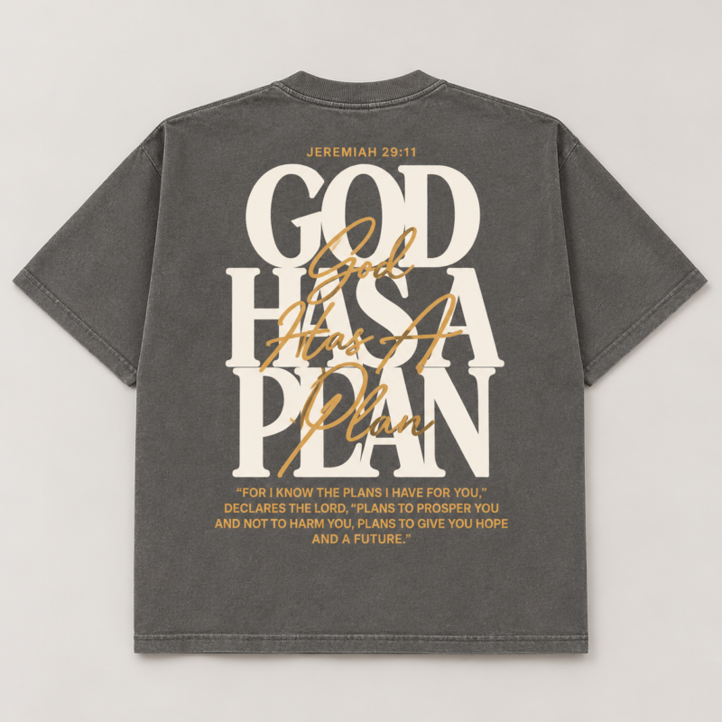 God Has a Plan oversized T-shirt in shadow, back view