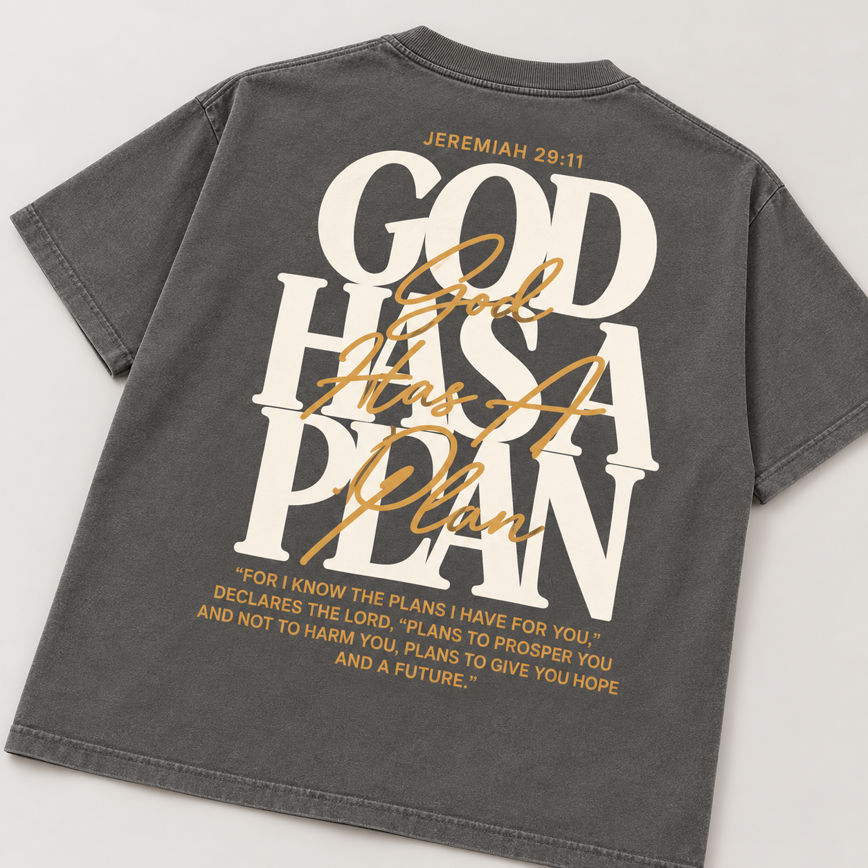 God Has a Plan oversized T-shirt in shadow, back print detail view