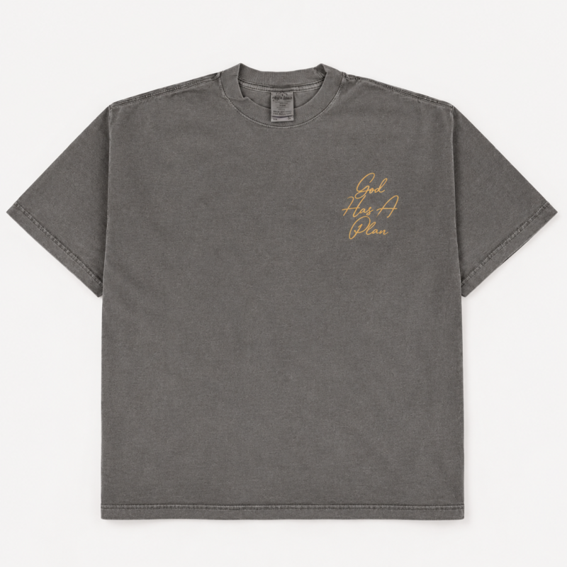 God Has a Plan oversized T-shirt in shadow, front view