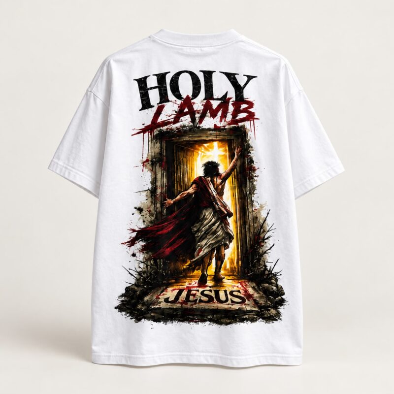 holy-lamb-white-back White Holy Lamb T-shirt, back view with Jesus illustration
