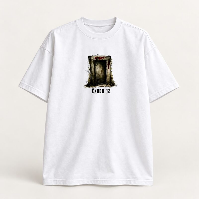 White Holy Lamb T-shirt, front view with Exodus 12 doorway print