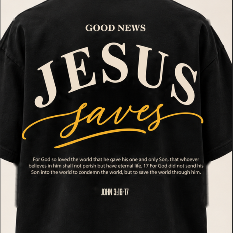 Jesus Saves oversized T-shirt in black, back print detail with John 3:16-17 design
