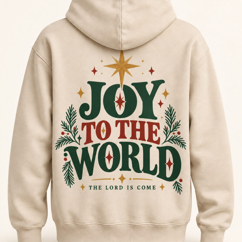 Joy to the World Christmas hoodie in cream, back