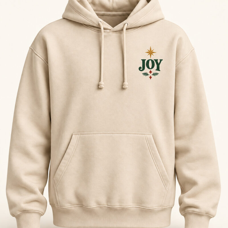 Joy to the World Christmas hoodie in cream, front