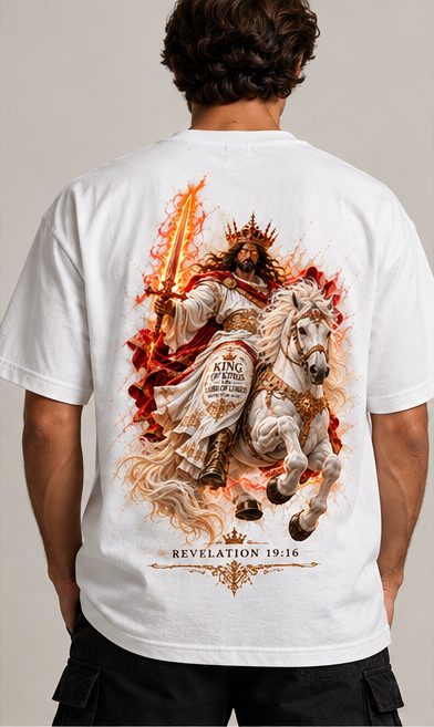 Back view of the white King of Kings T-shirt with Revelation 19:16 artwork