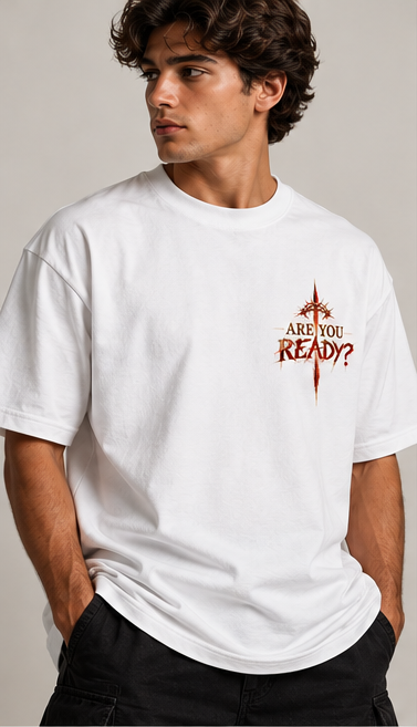 Model wearing the white King of Kings T-shirt, front view