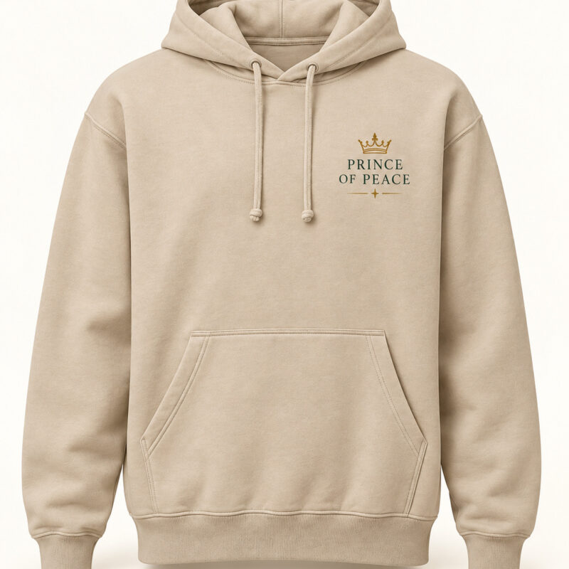 Prince of Peace Christmas Hoodie in cream, front view, Isaiah 9:6 design