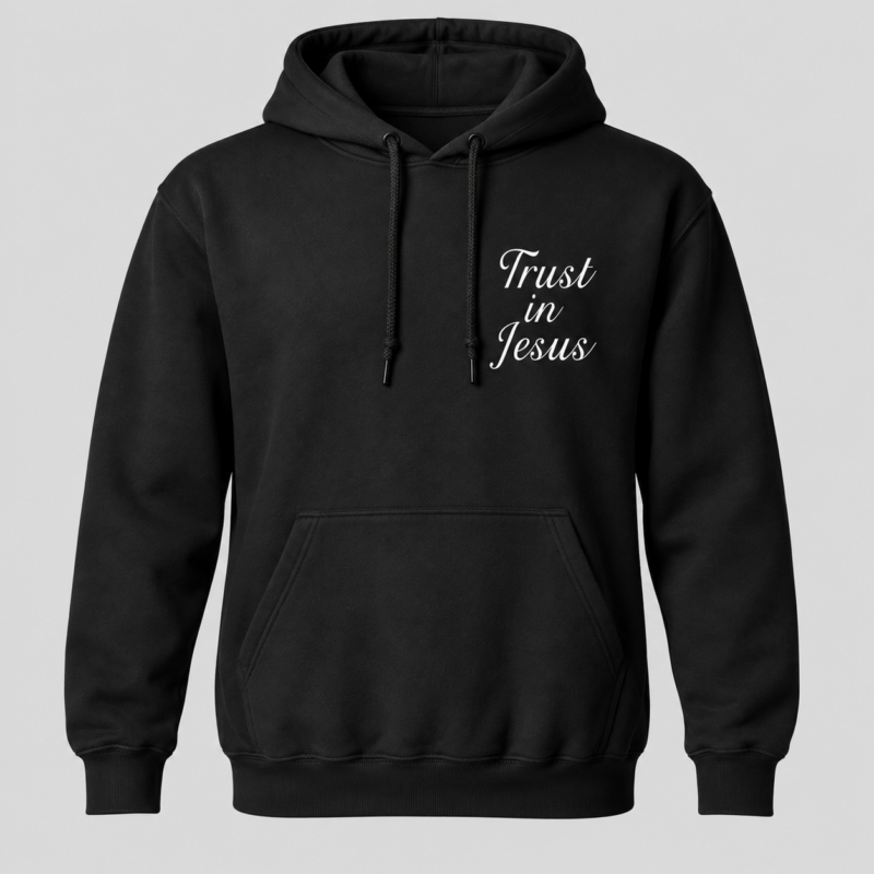Black Trust in Jesus Hoodie, front, white script chest design