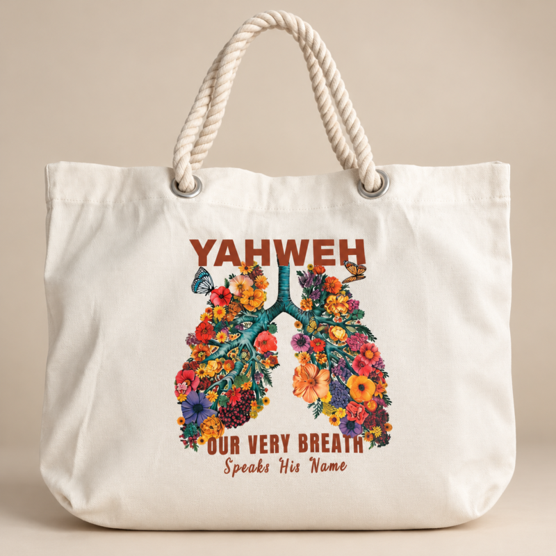 Front view of cream YAHWEH floral tote bag with rope handles