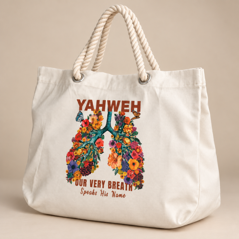 Three-quarter view of YAHWEH floral tote bag in cream
